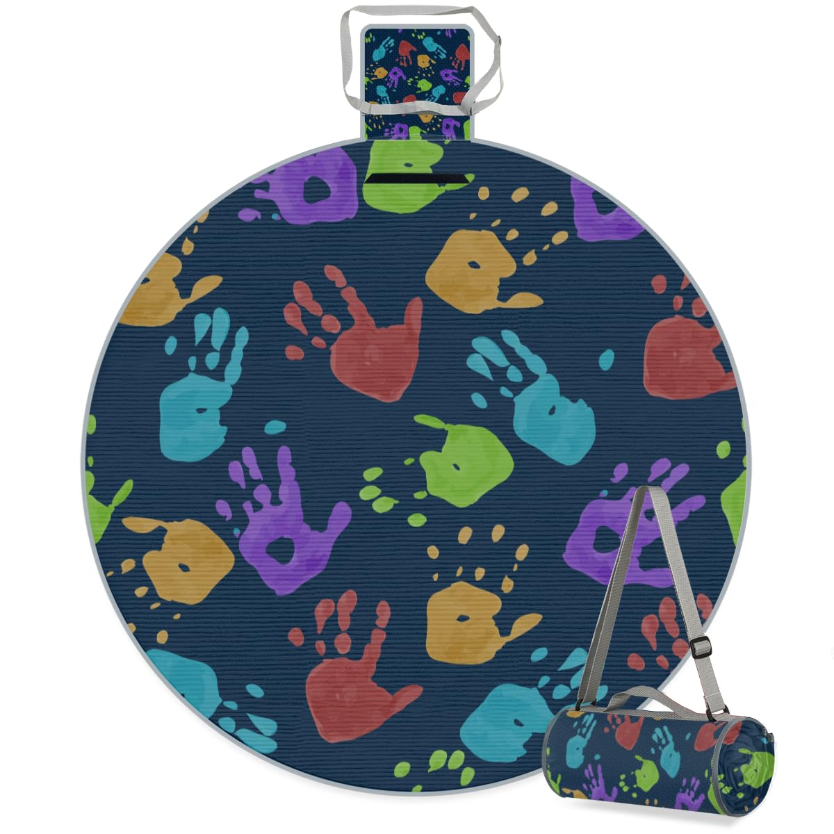 Shimoshe Colorful Skull Palm Print Picnic Outdoor Blanket Foldable Waterproof Sandproof Beach Blanket Portable Water-Resistant Round Picnic Mat for Travel Camping Park Lawn