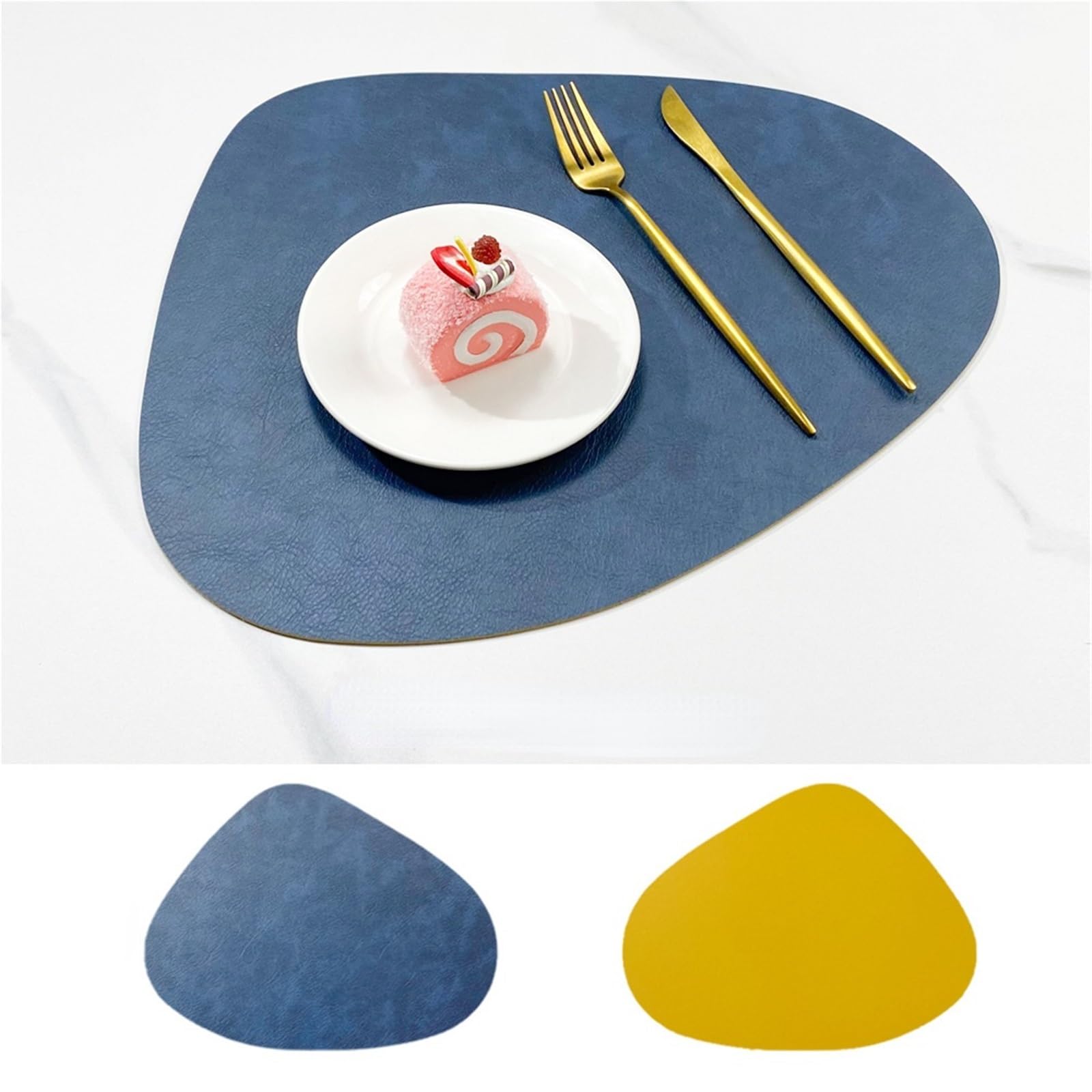 Manteles Individuales Lavables Mantel Individual de Cuero con Forma Gota Agua y Almohadilla Aislante Antideslizante Doble Cara para Cocina(Dark Blue-Yellow,4 Pcs)