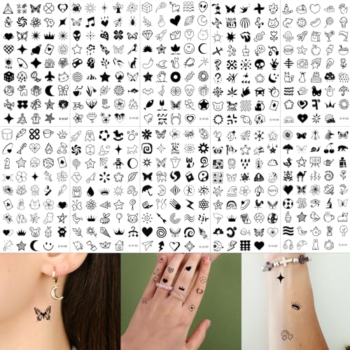 Shimmeroo 10sheets 440PCS Tiny Tattoos Temporary Realistic for Women Men Finger Hands Cartoon Bohemia Realistic Temporary Tattoos Small Black Fake Tattoo Stickers Long Lasting Vintage Neck