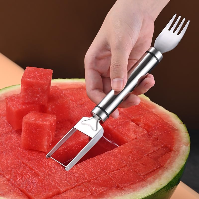 Trancheuse et fourchette à pastèque 2 en 1 – Lot de 2 coupe-fruits en acier inoxydable pour melons, pastèques, trancheuse pour couper facilement les fruits