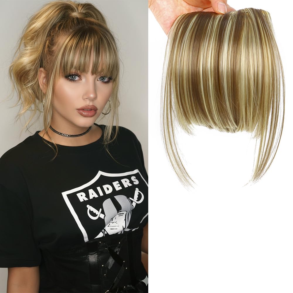 LEEONS Fringe Bangs Synthetic Hair Extensions Clip in Bangs 6" Short Straight Hairpiece Front Neat Bang Two Side - Dark Ash Brown with Bleach Blonde Highlights (18H613#)