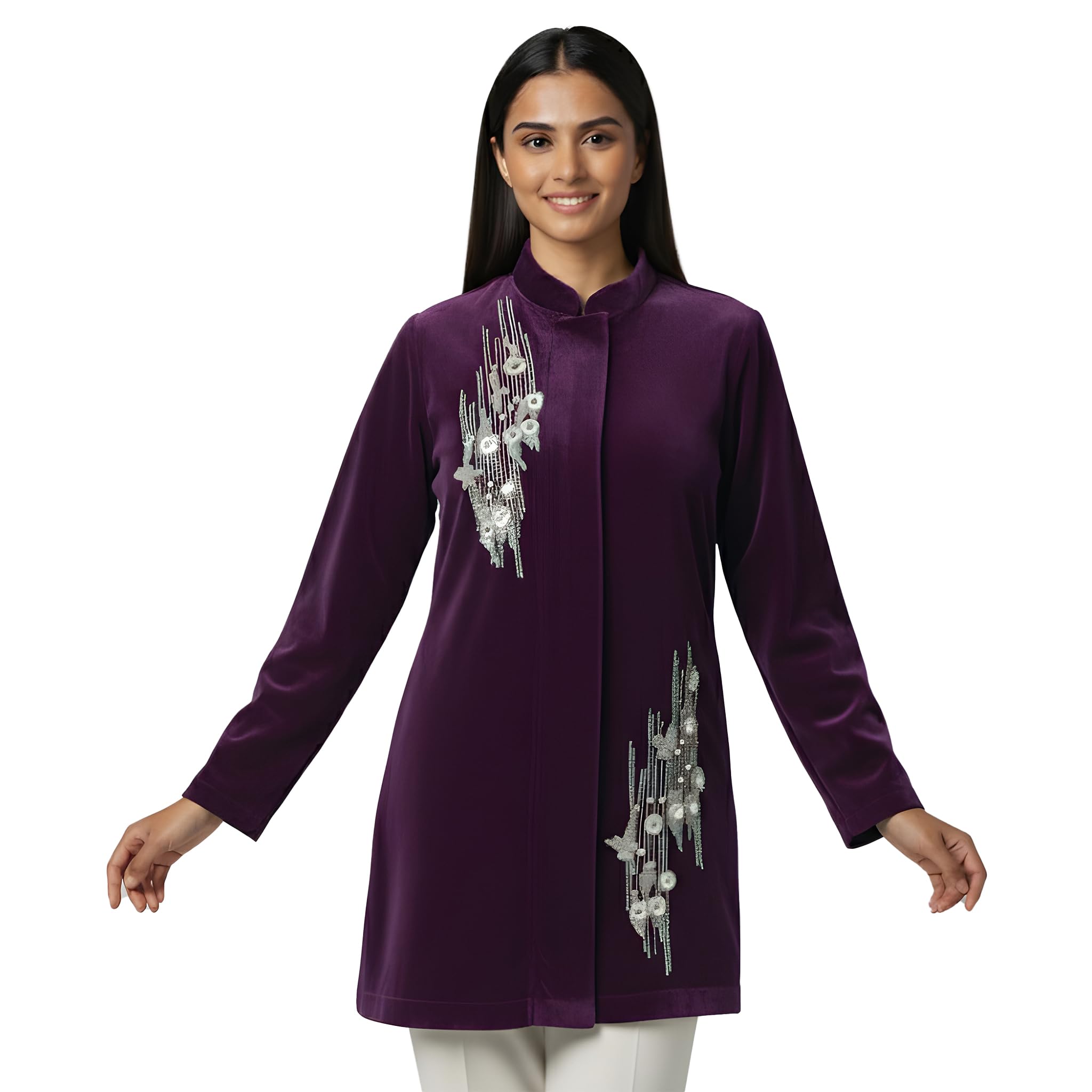 first resort Purple Abstract Motif Hand Embroidered Velvet Jacket-picture-36