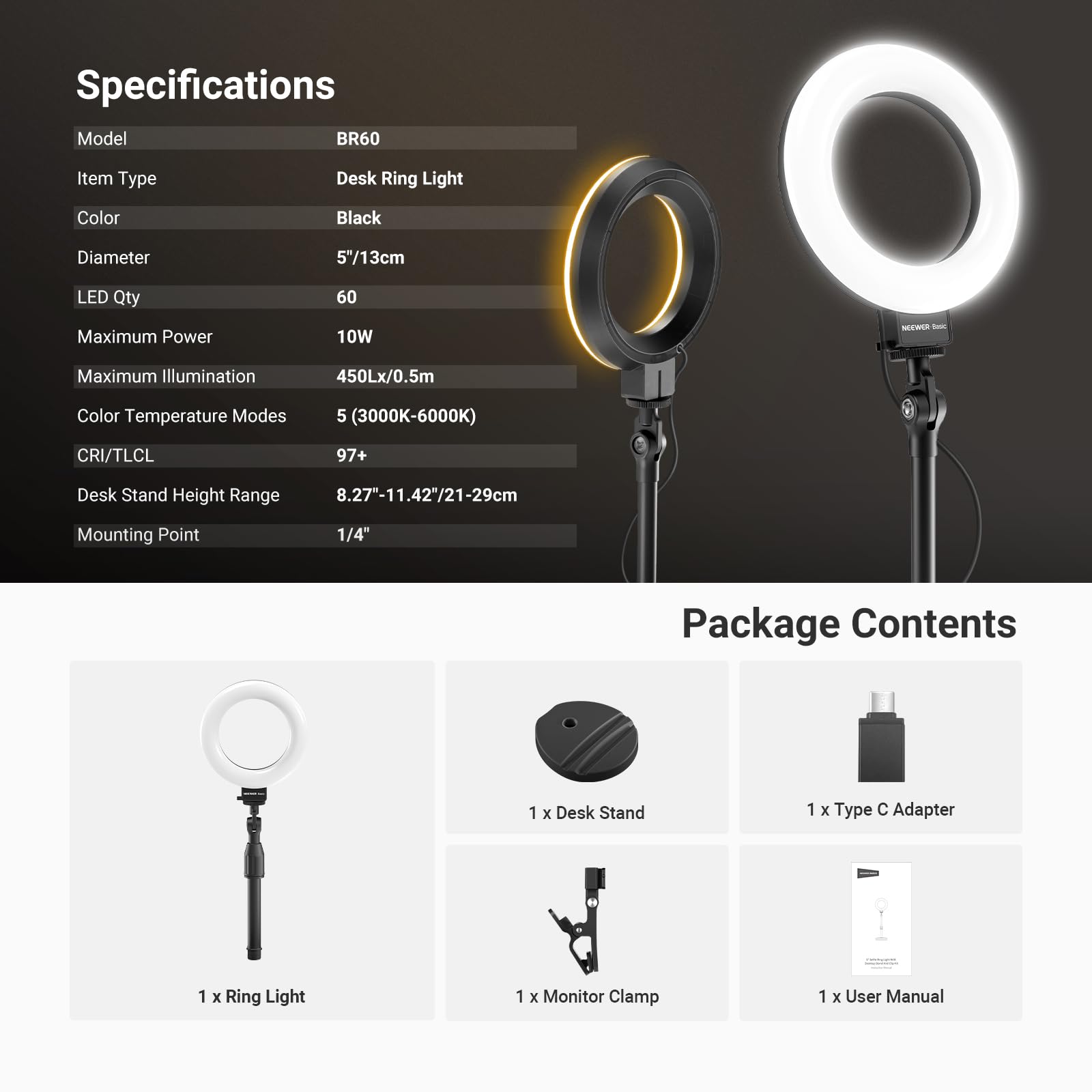 NEEWER BASICS 5" LED Ring Light da Tavolo con Supporto, Morsetto Monitor, 10W Luce Anello Compatibile con iPhone Computer Laptop Webcam Telefono per Selfie Trucco Video Zoom Videoconferenza, Nera BR60