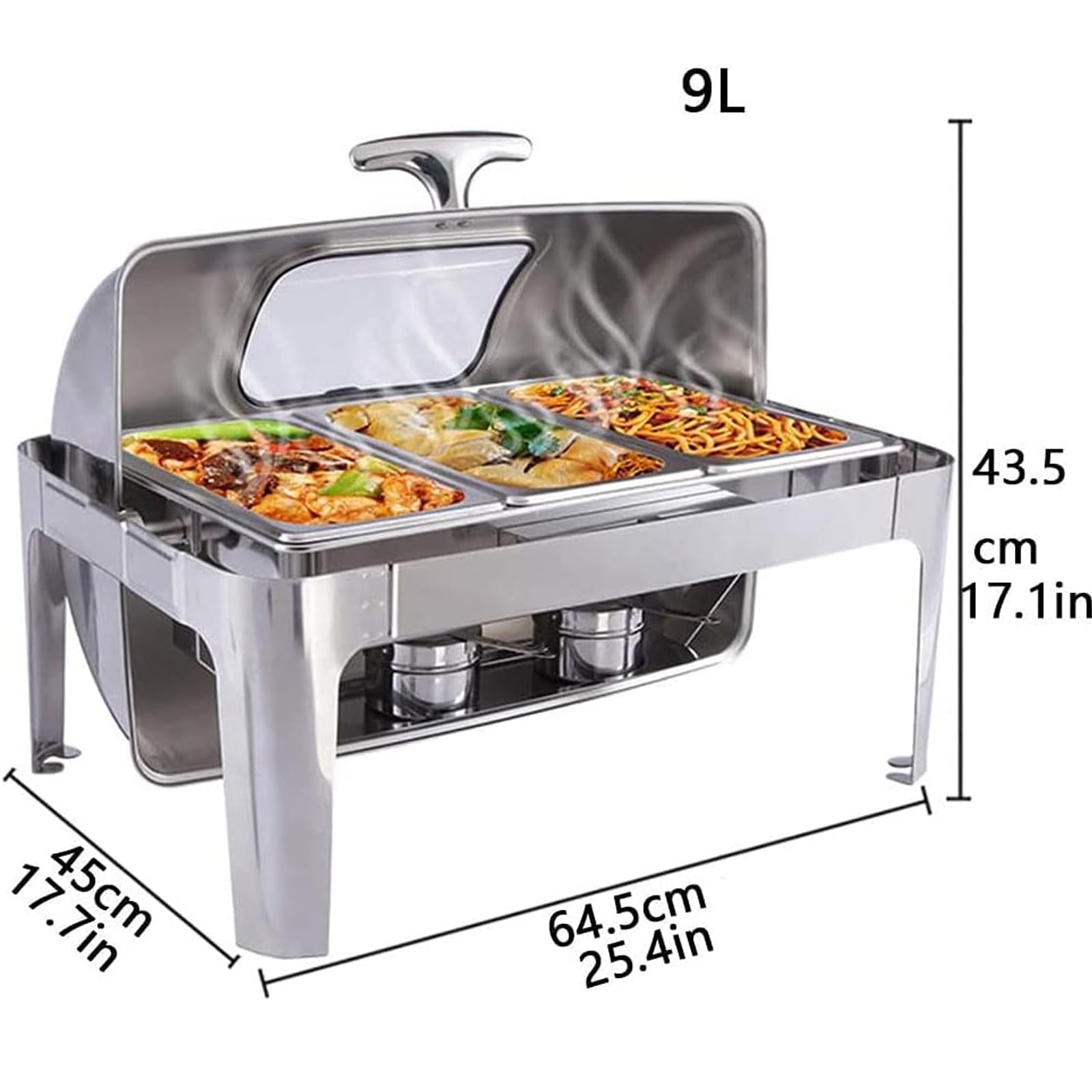 Set scaldavivande in Acciaio Inox per Buffet - Chafing Dish con Coperchio a Rullo da 9 Litri per Eventi con vaschetta per Cibo/Acqua e contenitori per combustibile