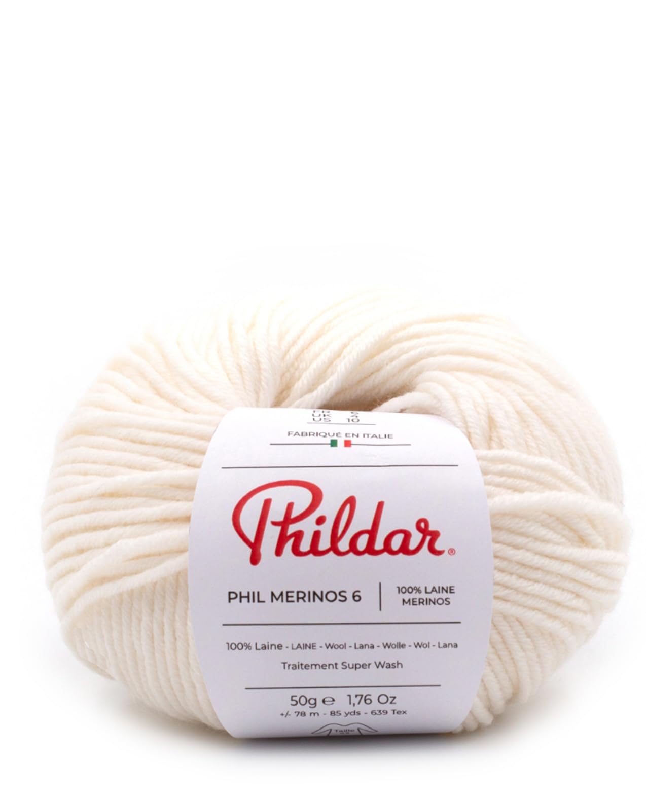 Phildar - Pelote de Laine Phil Merinos 6 - Laine à Crocheter et à Tricoter - 100% LAINE (MERINOS) - Aiguille n°6 - Couleur BLANC