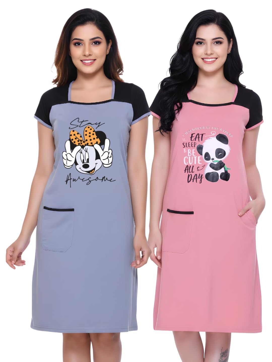 Knee Length Nighty for Women Combo, Graphics Printed Cotton Night Dress with Pocket, 3/4th Nighty for Women (Pack of 2)-image-36