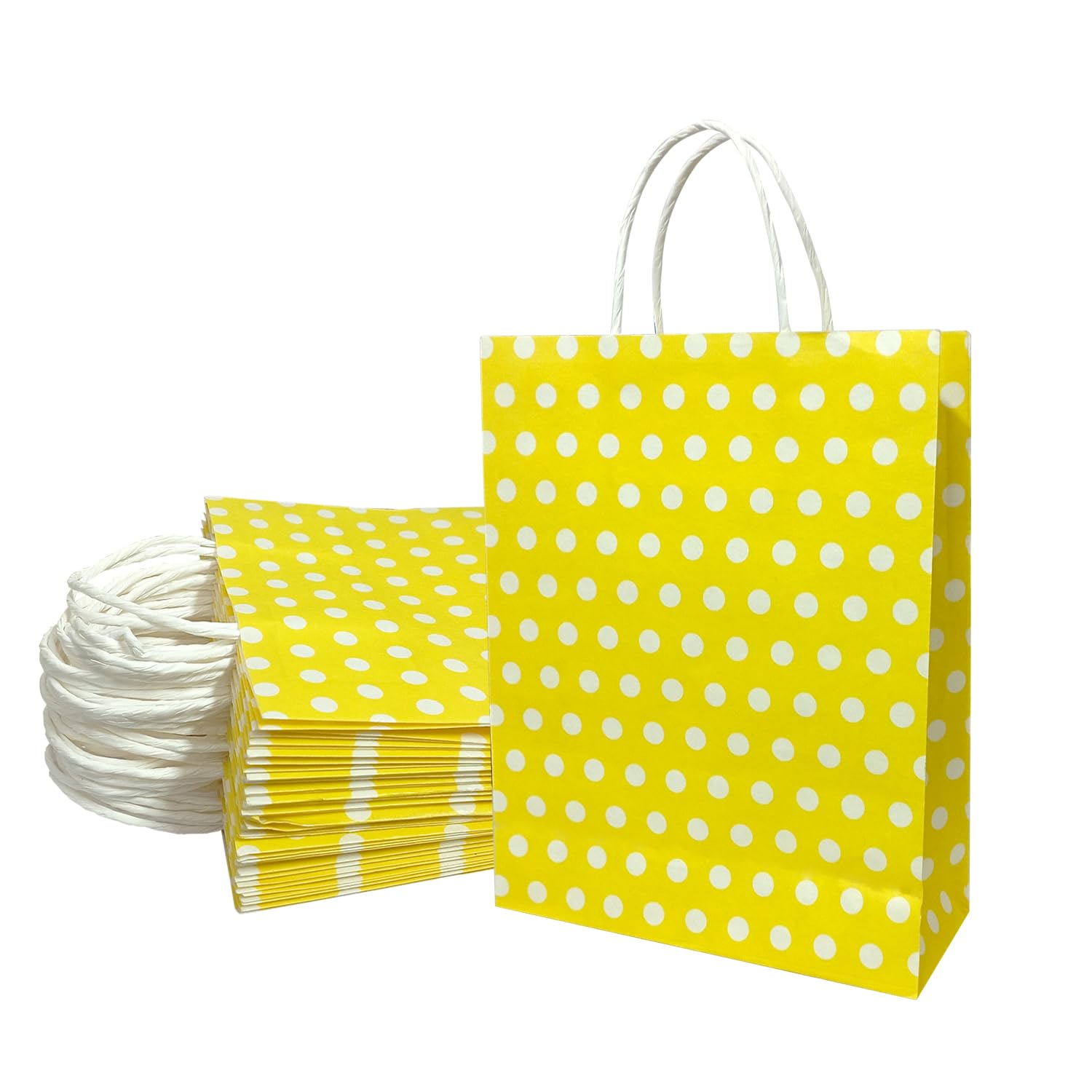 Aakriti Paper Gift Bags with Handles Polka Dot Paper Party Favor Bags for Kid’s Birthday Baby Shower Wedding Festivals Holiday Party (10 x8x3 Inch (Pack of 10), Gift Bags Polka Dot Yellow)