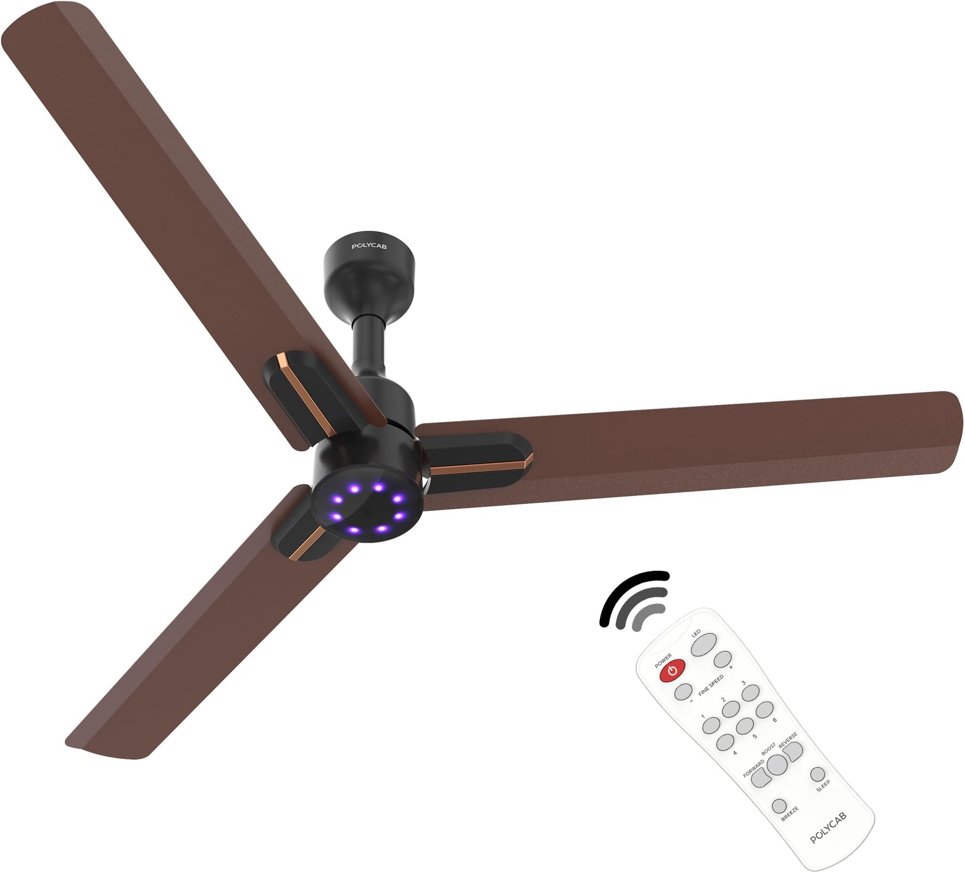 POLYCAB Wizzy Neo LED 1200mm 5-Star BLDC, Remote Ceiling fan for Living Room | 8 Purple LED Speed Indicator | High Air Delivery, 25 Speed Control,Free Installation【Brown Copper】