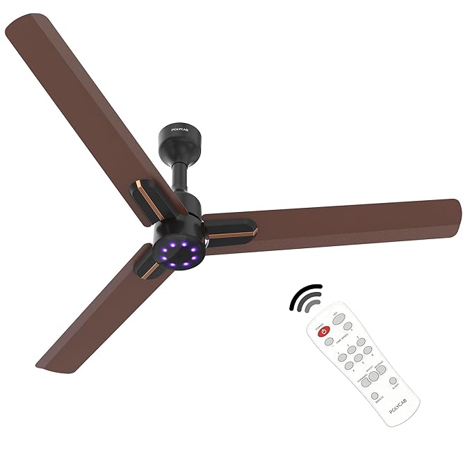 POLYCAB Wizzy Neo LED 1200mm 5-Star BLDC, Remote Ceiling fan for Living Room | 8 Purple LED Speed Indicator | 55% Energy Saving, High Air Delivery, 25 Speed Control