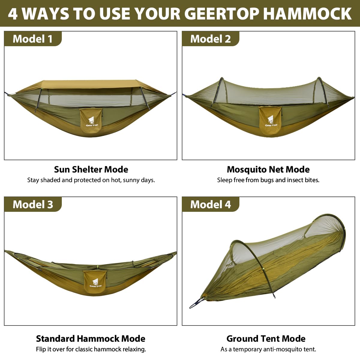 GEERTOP Hamac d'extérieur 3 en 1 avec bâche de Protection Solaire, imperméable et Durable en Nylon avec Filet Anti-moustiques, Double Couchage, équipement de Camping pour randonnée