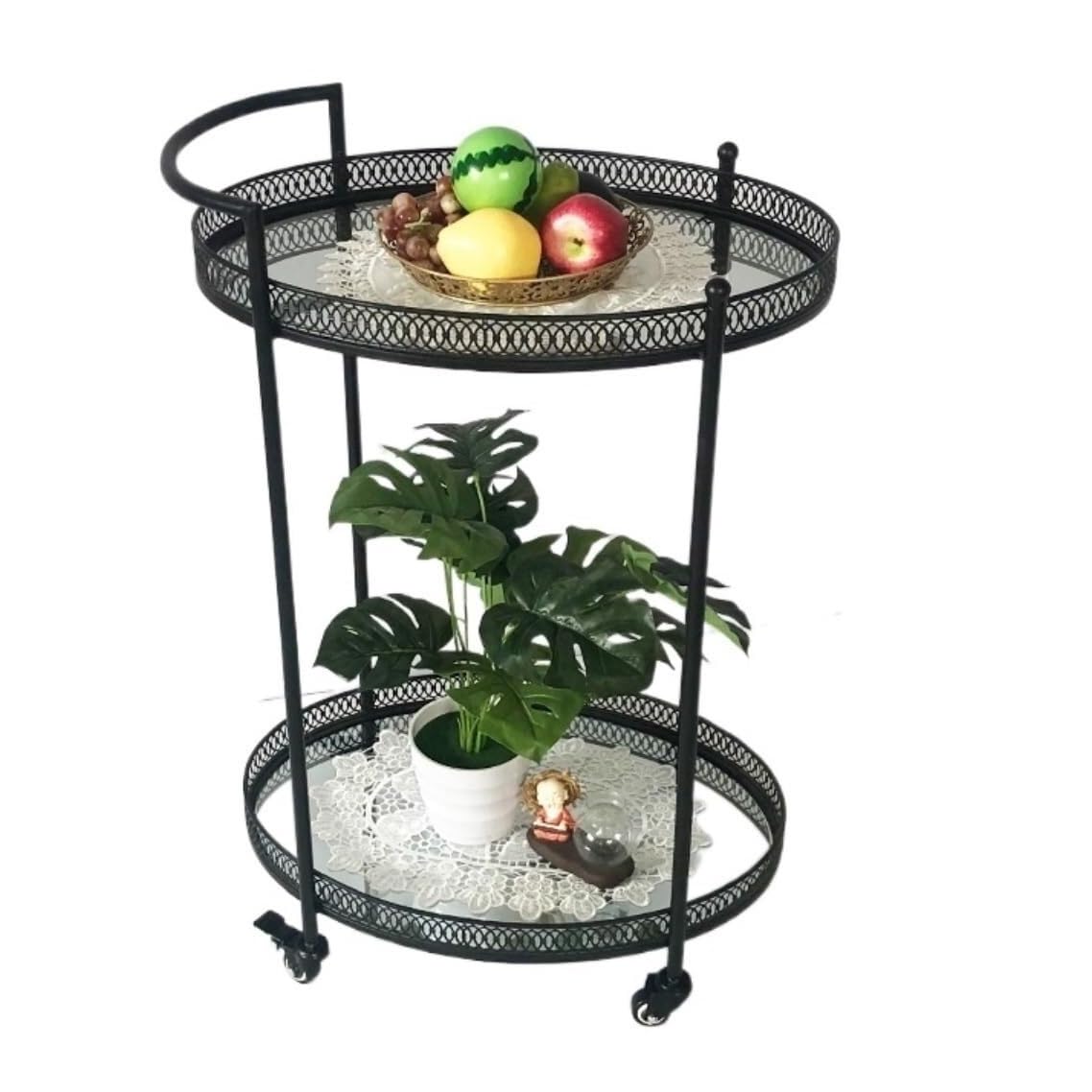 Carrello portaoggetti da Cucina a 2 Ripiani con Ruote e Ripiani in Ferro e Vetro, Carrello da Bar per Il Servizio del Vino, Carrello di Servizio per ristoranti, Colore Oro,Black-60 * 42 * 75cm