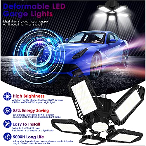 Led Garage Light Bulbs, 10000Lm Super Bright Garage Lighting Led Shop Light With Adjustable Panels, E26/E27 Screw Socket Deformable Led Garage Ceiling Light Fixture For Warehouse, Corridor, Stadium #TOP3