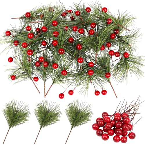 CCINEE 96Pcs Artificial Green Pine Needles Branches Red Berry Picks