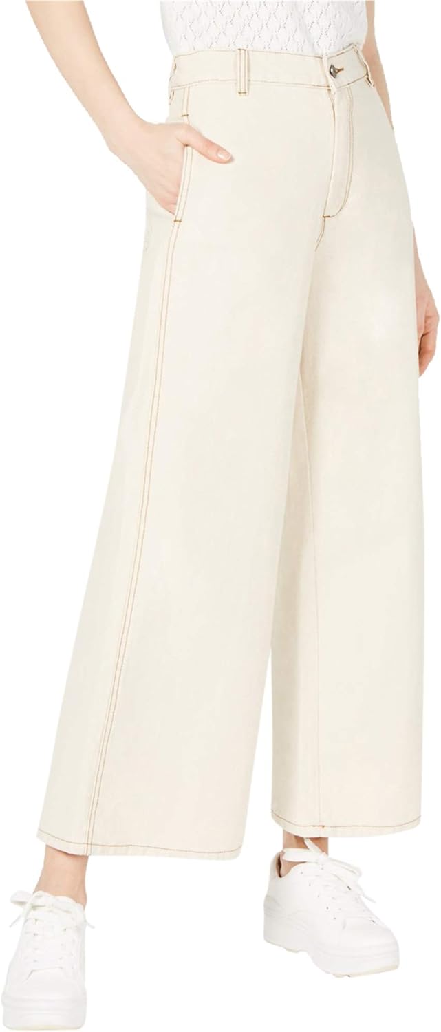 Current Air Womens Twill Wide Leg Jeans, Ivory, X-Small