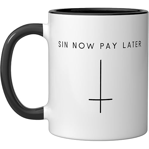 Sin Now Pay Later Inverted Cross - Minimalist Satan Ceramic Mug, Black/White