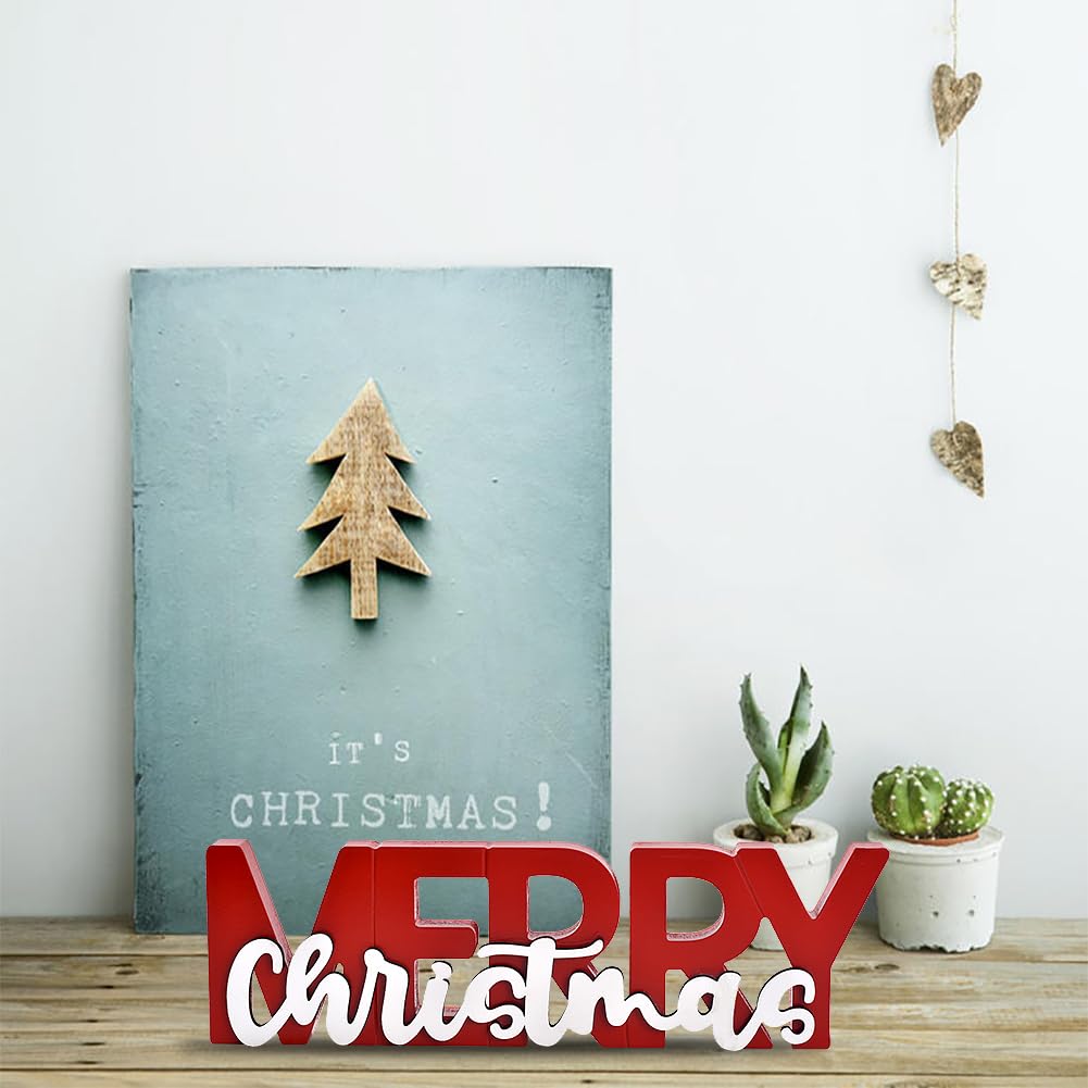 Panneau Décoratif GHOSTMAGIC « Merry Christmas » En Bois – Centre De Table 3D 30x8,9x2,4 Cm – Découpe Laser, Rouge Et Blanc