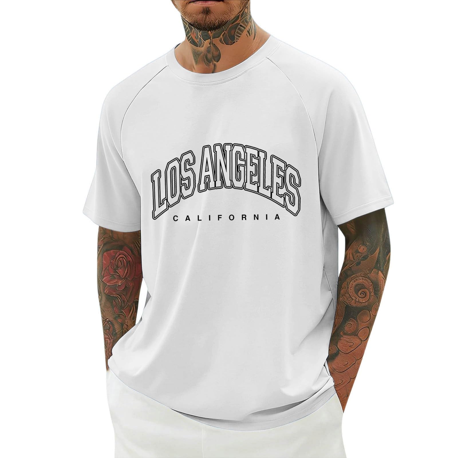 YOSUWOAI T-Shirts for Men, Los Angeles Print T-Shirt, Summer Short Sleeve Crew Neck Tops, Men's Casual Sports Shirt, Loose Tee Shirts, Streetwear, Comfortable, Breathable, Short Sleeve Shirt, O White