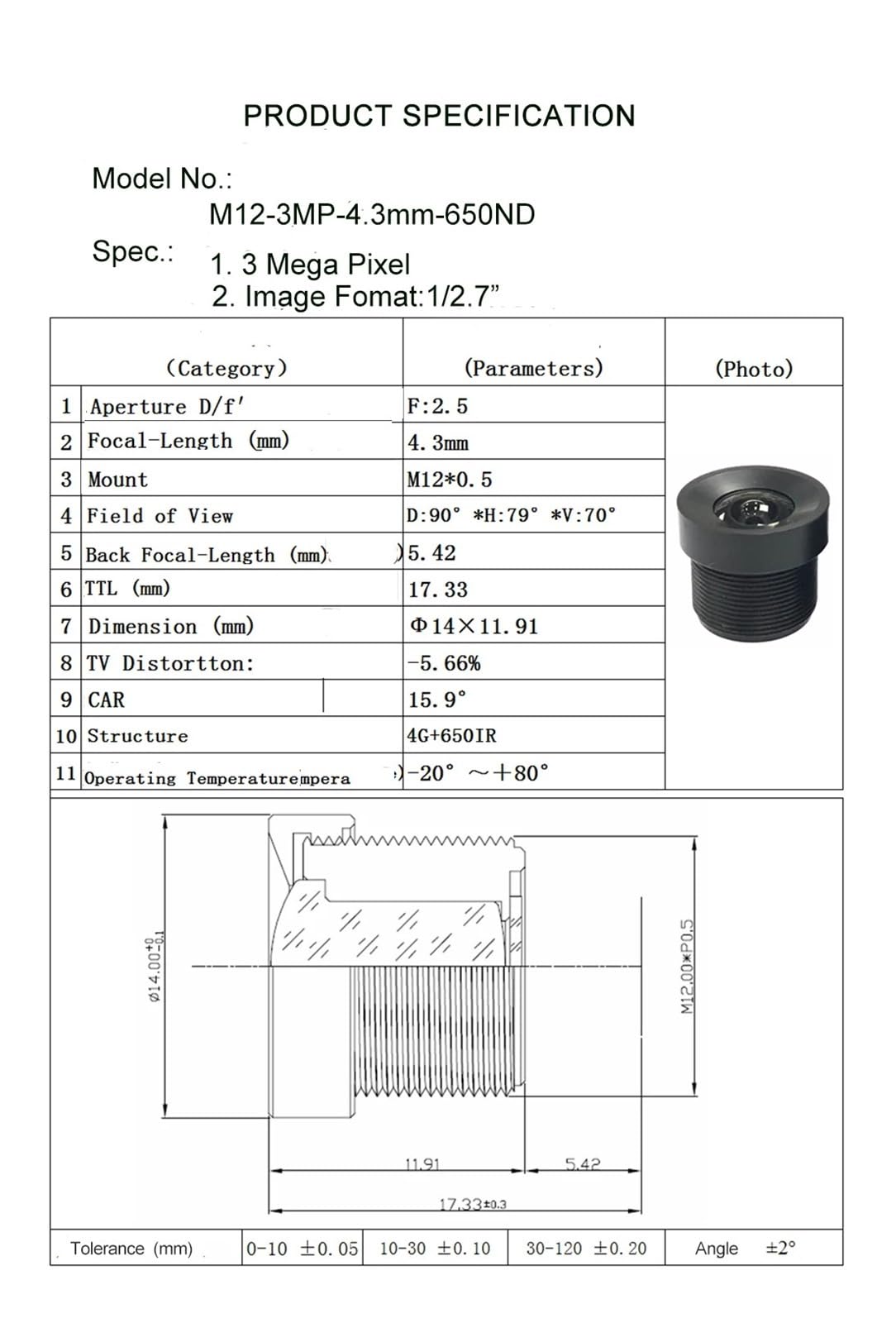 3MP 4,3-mm-Objektiv 1/2,7" IR-Mikroverzerrung F2,5 M12-Objektiv mit IR-Filter 650 nm