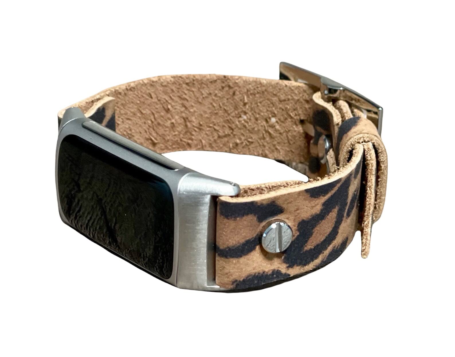 SIMEON D Leopard Design Leather Band Compatible for Charge 5 Tracker Adjustable Size 18mm Strap Bracelet Silver Jewelry Women Style Wristband