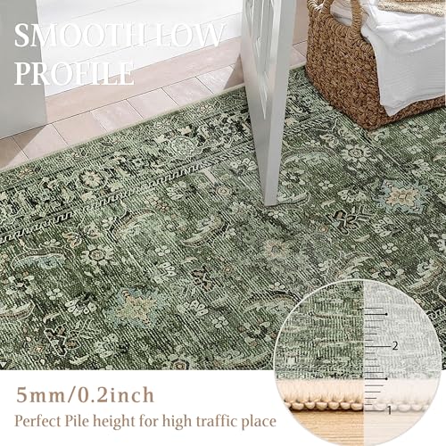 9x12 Washable Area Rug Dark Green Vintage Distressed Living Room Bedroom Large Throw Rug Non Slip Low Pile Soft Accent Indoor Floor Carpet for Dining Room Office Entryway Kitchen