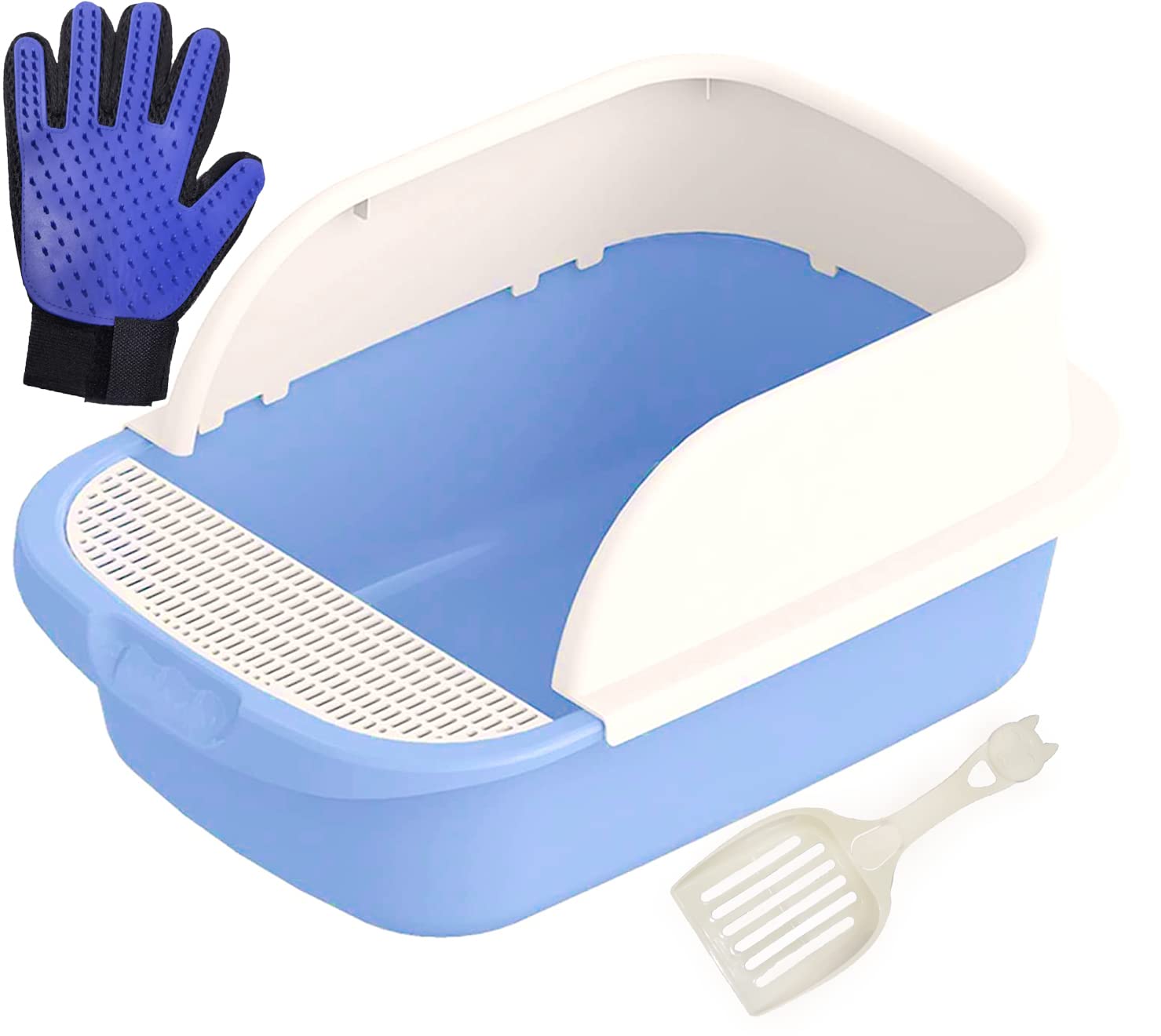 MAMATOONS Open Cat Litter Box Large With Litter Scoop and Pet Grooming Glove, Removable Sides Semi Closed Cat Litter Box Large Size Light Blue Color and One Grooming Glove Right Hand