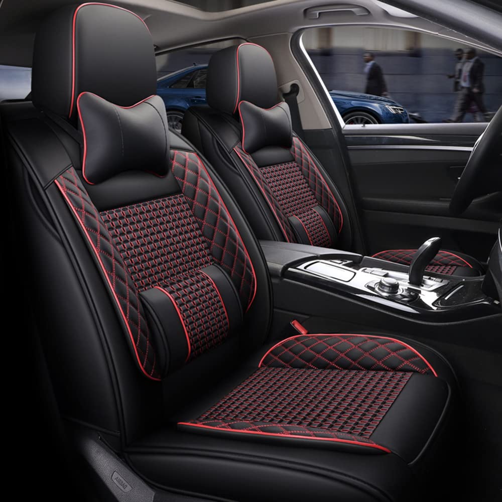 Funda de asiento de automóvil, Universal Cuero Fundas Asientos Protector Asiento Cuero Universales 5-Asiento Cojines de Asiento Automáticos Extraíbles,Rojo,Luxury