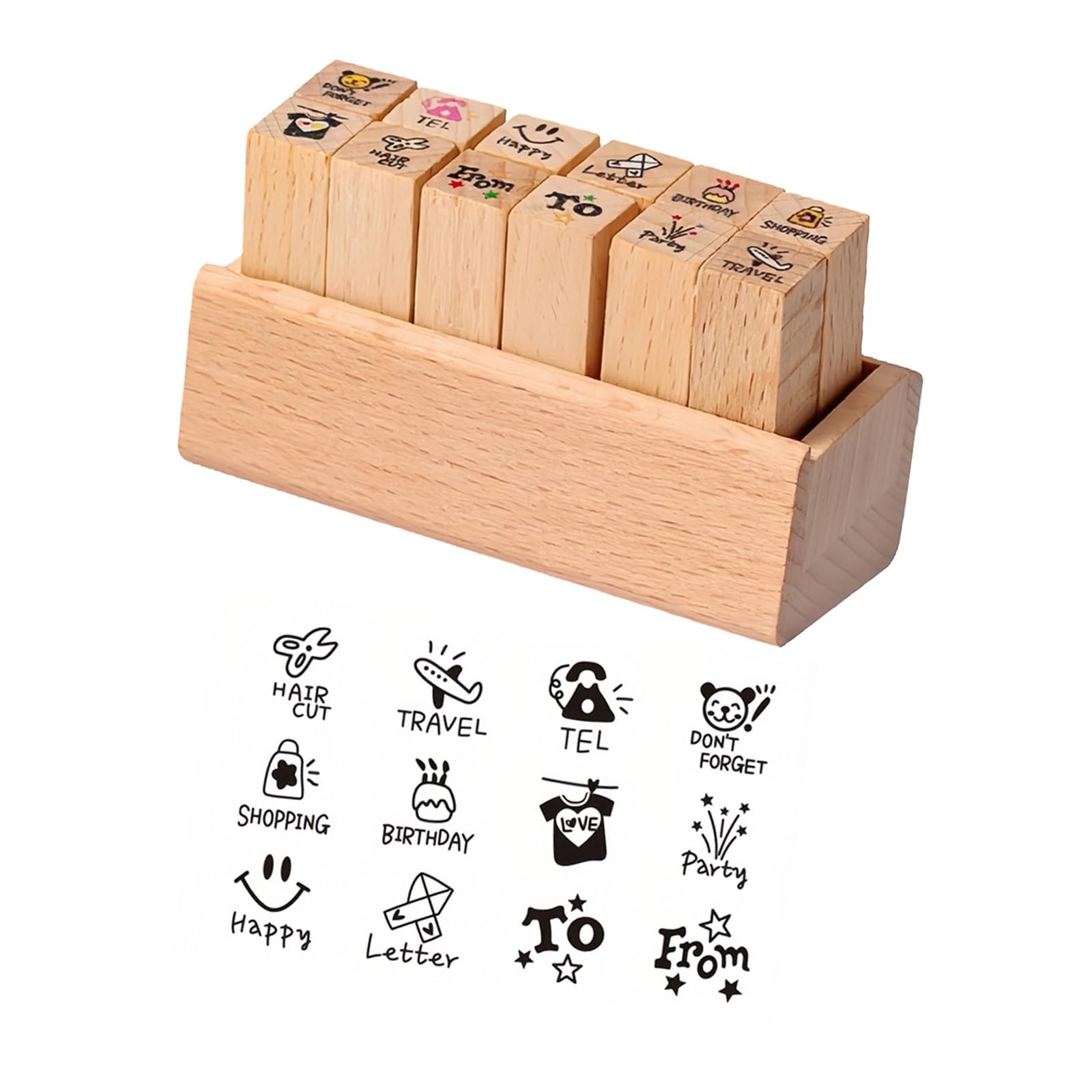 Beech Wood Journal Stamp Set, 8 Piece Planner and Scrapbook Page Marking Stamps with Holder for Diary and Notes Journal Stamp Set Planner Stamps Scrapbook Wooden Page Diary Memo Label Paper