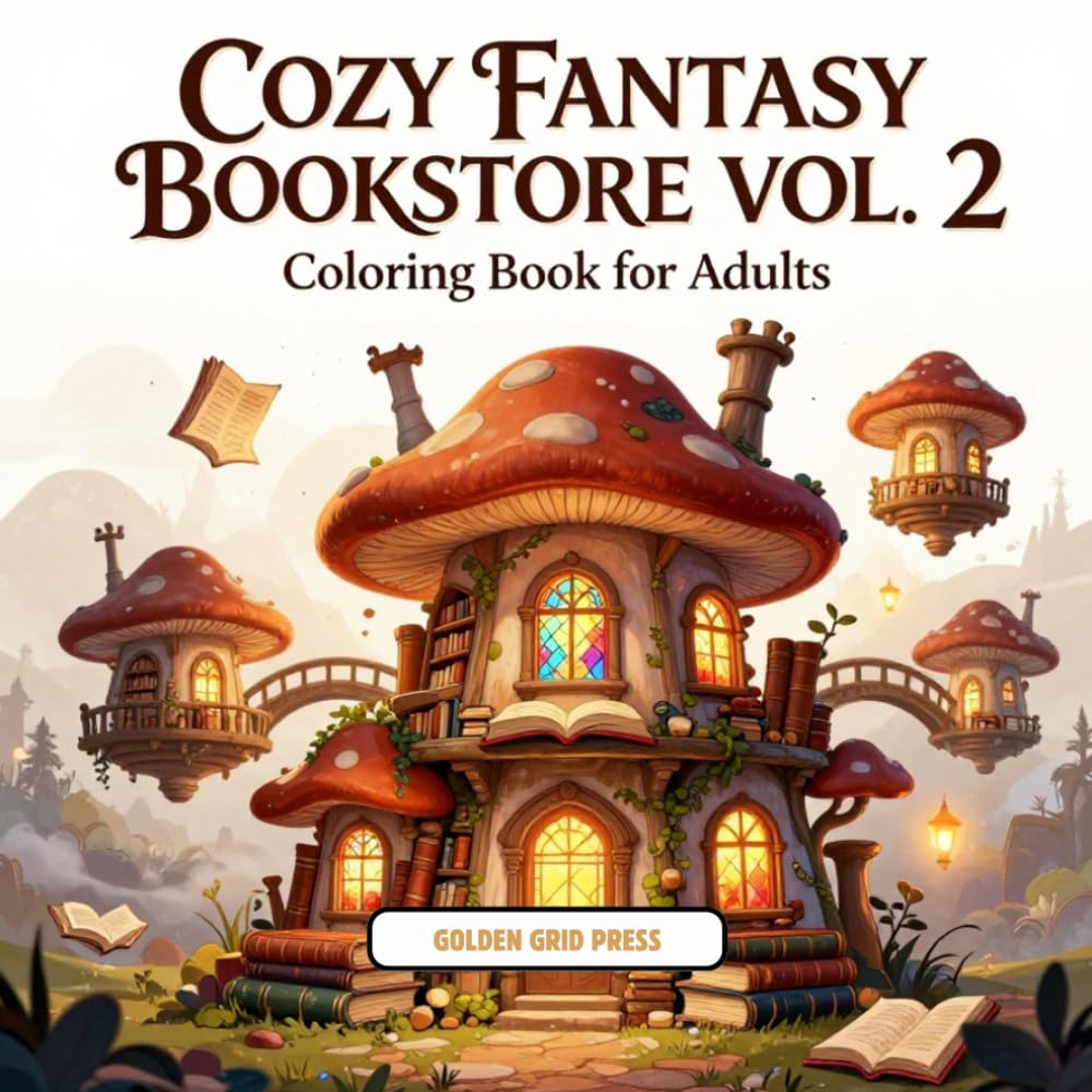 Cozy Fantasy Bookstore Vol 2 Adult Coloring Book: More Relaxing Whimsical Bookshops & Fantasy Scenes