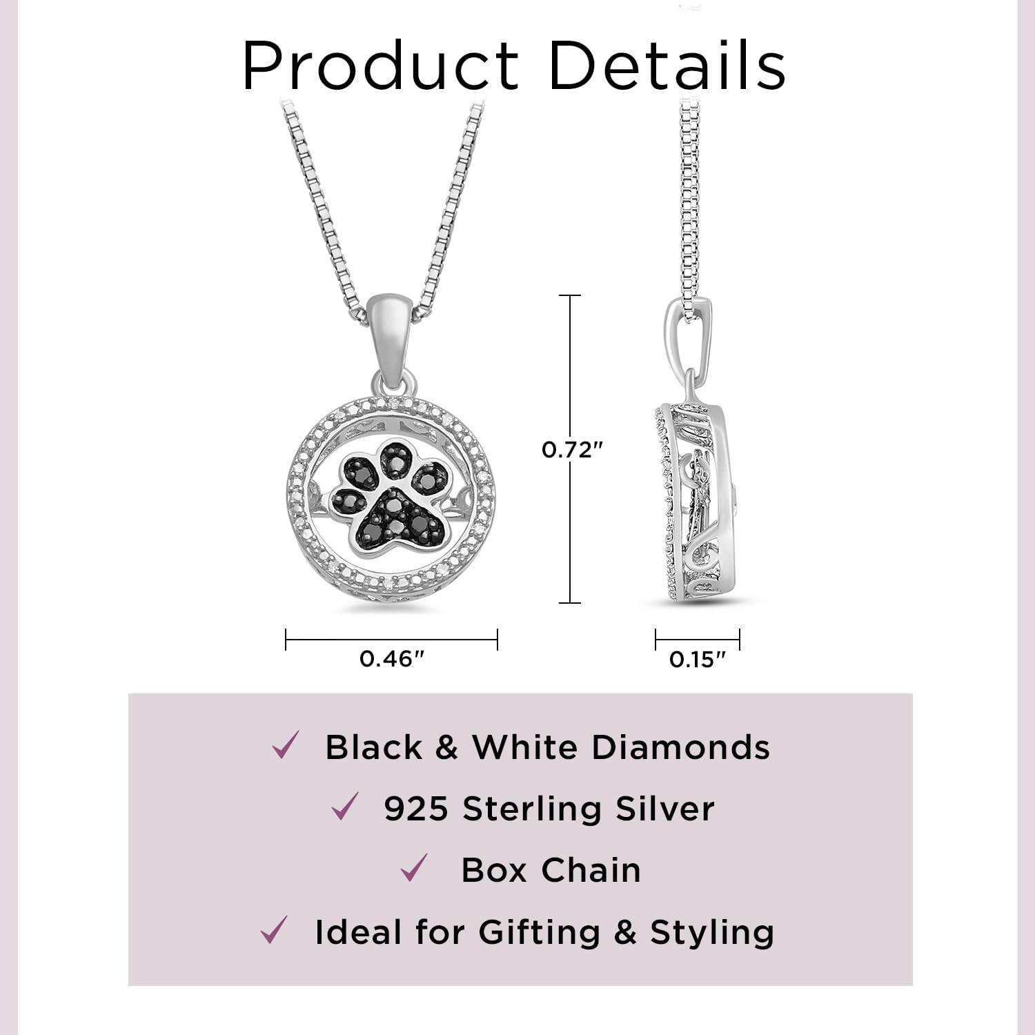 Jewelili Sterling Silver Dancing Dog Paw Pendant Necklace for Women | Treated Black or Blue & Natural White Round Diamonds | 18" Box Chain | Luxury Jewelry Gift for Her | Gift Box Included