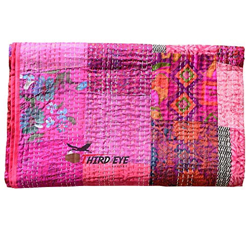 Third Eye Export Indian Queen Size Patchwork Silk Kantha Quilt 90X108 Inch Bedcover Silk Patola Quilt Throw Blanket (Pink) #TOP1