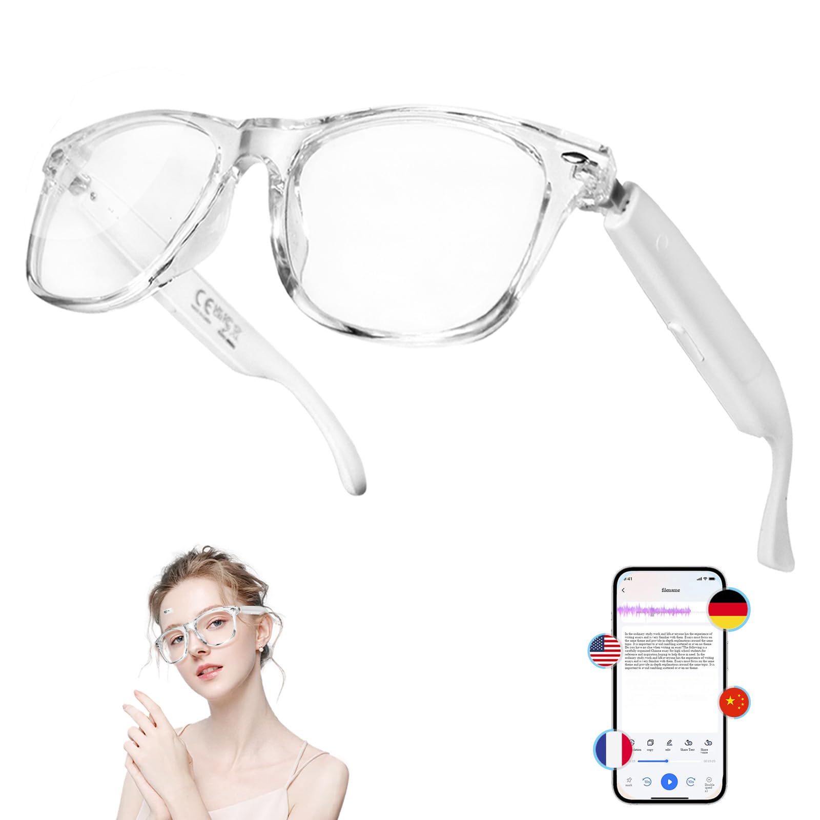 KXBVDY AI Smart Glasses for Women Men - Bluetooth 5.4 with Chat GPT, Blue Light Filtering Lenses, Translation Glasses with 144 Languages & Accents for Travel Meeting Trade Business, White-image-44