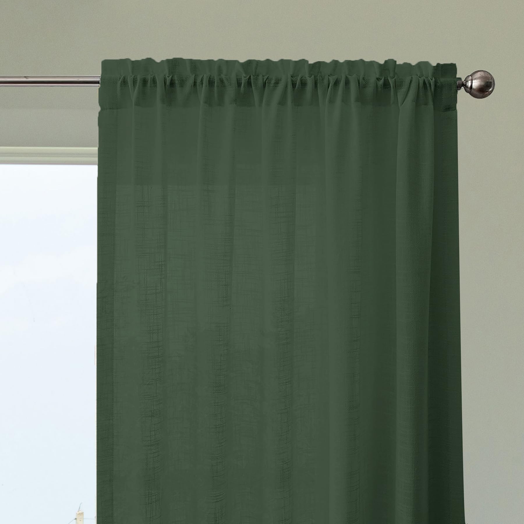 HOMEMONDE Cotton Sheer Curtains 8 Feet Long Set of 2 - Light Filtering Transparent Long Door Curtain with Top Rod Pocket - (Dark Green - 96 Inches)