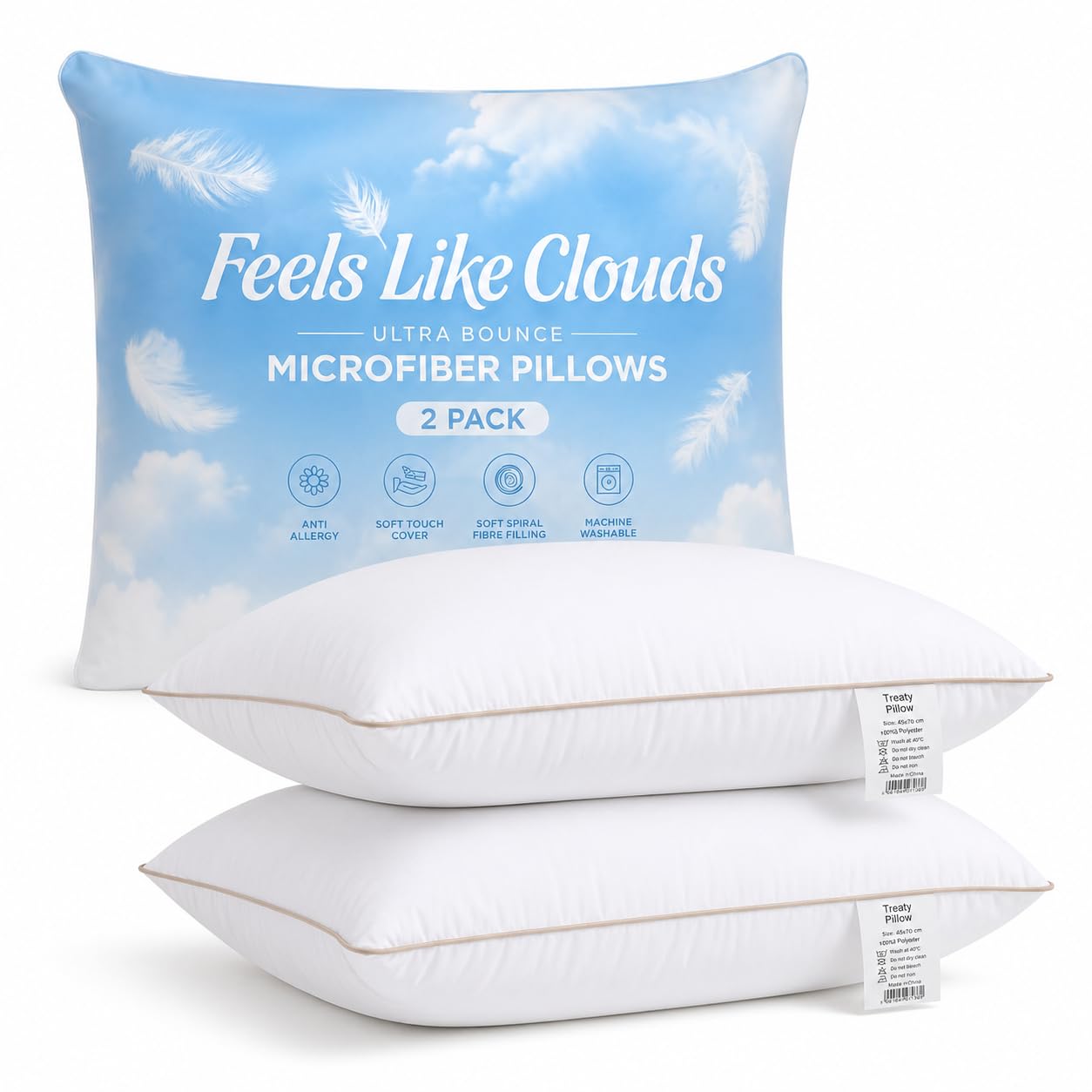 Treaty Green 2 Pack Hotel Quality Side Sleeper Bounce Back Bed Pillow Hypoallergenic & Anti Dust Mite Resistant Premium Filled Hotel Pillows Pack Of 2