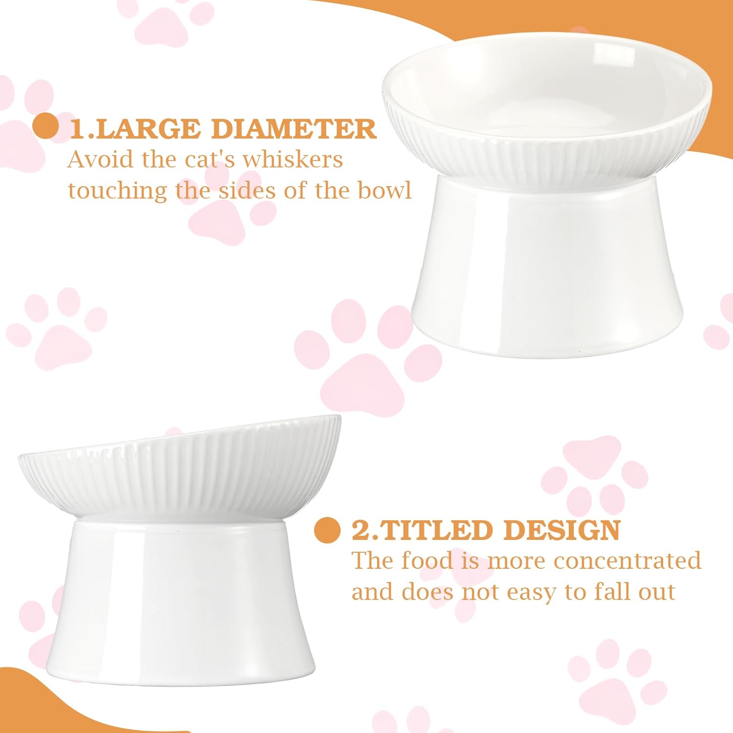 2 Pcs Cat Elevated Ceramic Bowls Raised Cat Food and Water Dishes, High Edge, Anti Vomiting Cats Feeder Bowl for Pets Kitten Puppies Dry Wet Food and Water, Dishwasher Safe