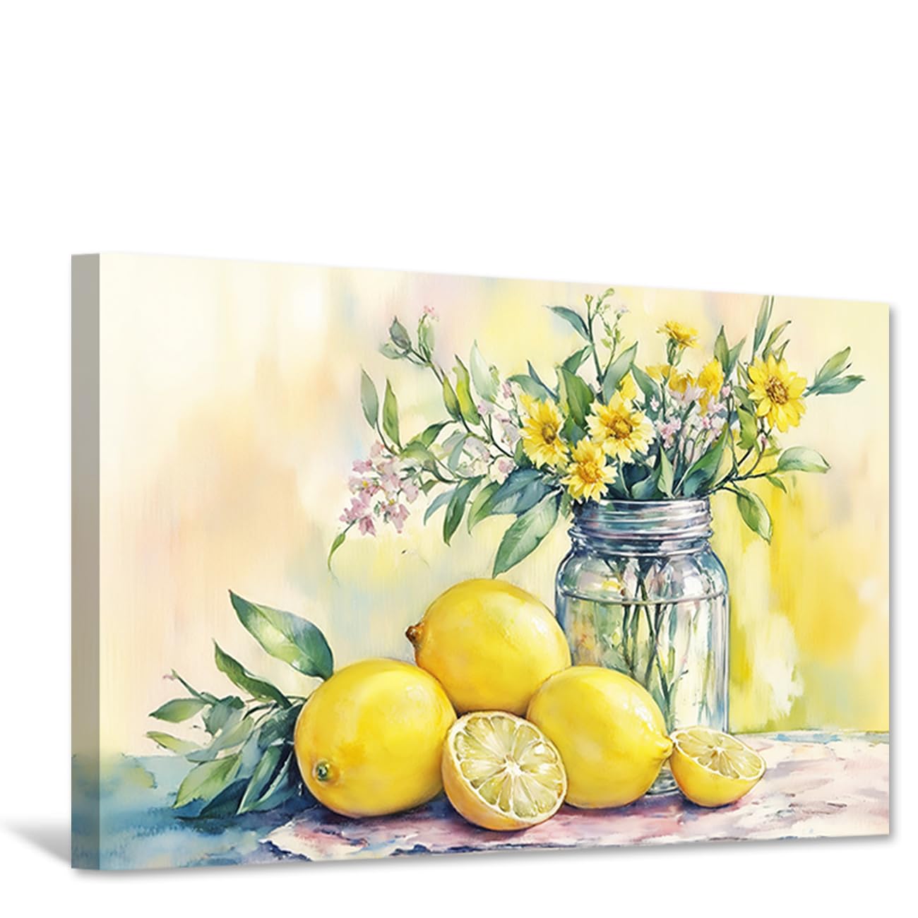 CCWACPP Lemon Canvas Wall Art Kitchen Pictures Decor Lemon and Daisy Print Vintage Fruit Painting Poster Country Farmhouse Kitchen Dining Room Decor Framed (30.00 x 45.00 cms)