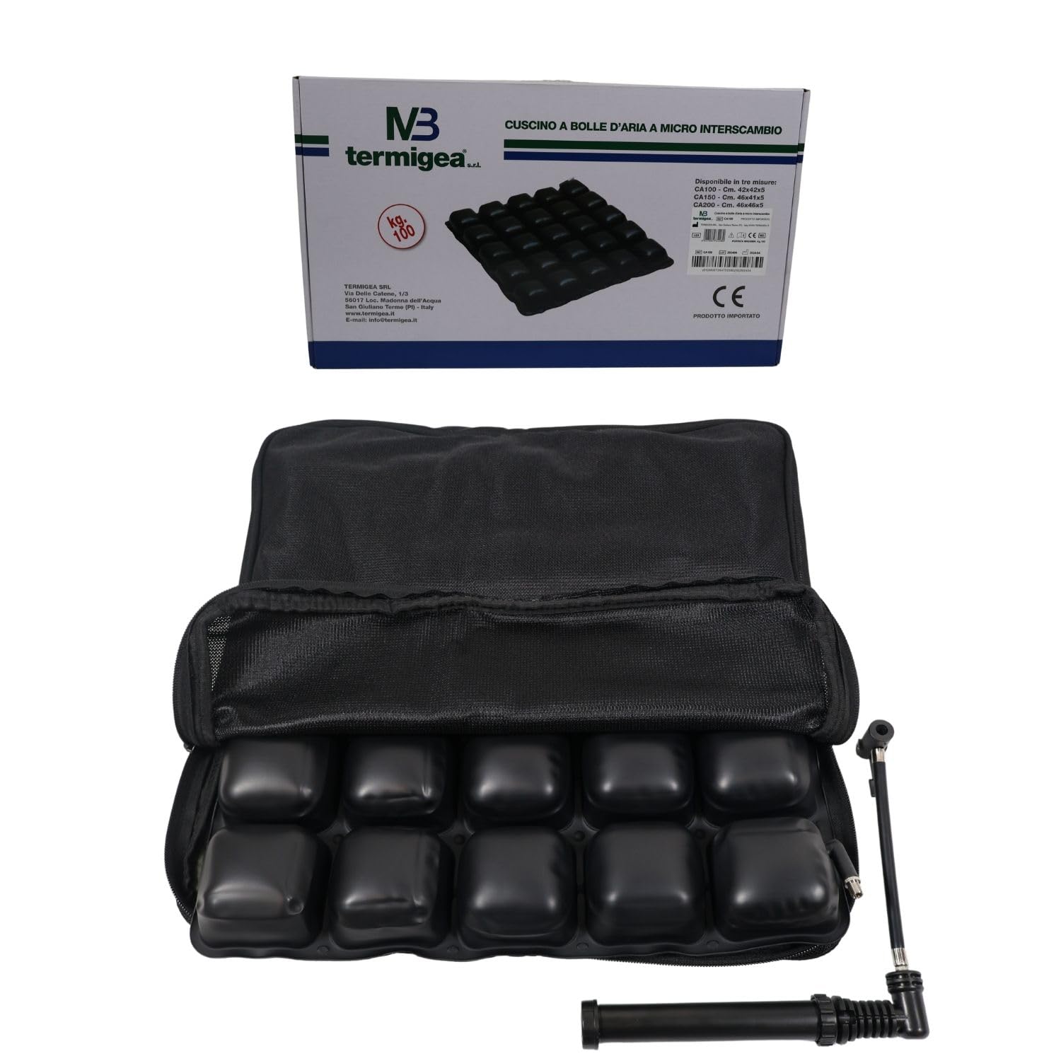 TERMIGEA Cojín antiescaras hinchable completo con bomba para regulación de la presión con 25 celdas alto 5 cm. CA100 Cojín decúbito para la prevención de úlceras por presión.