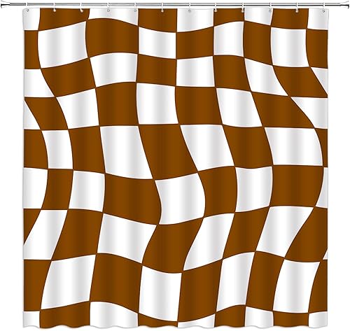 Miniatura 14 de Cortina de ducha a cuadros en blanco y negro, retro, estética, abstracta, de los años 60 y 70, tela hippie para decoración del hogar, juego de Negro