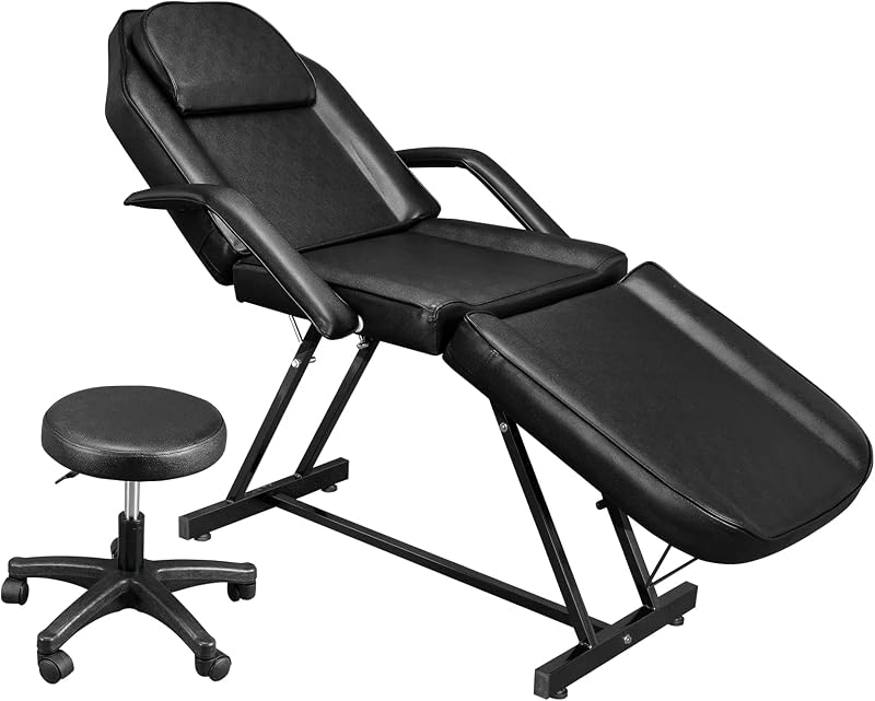 OmySalon Salón de masajes Silla de tatuaje Cama esteticista con taburete hidráulico, Mesa de cama facial multiusos de 3 secciones, Equipo de belleza de spa de peluquero de belleza ajustable, Negro