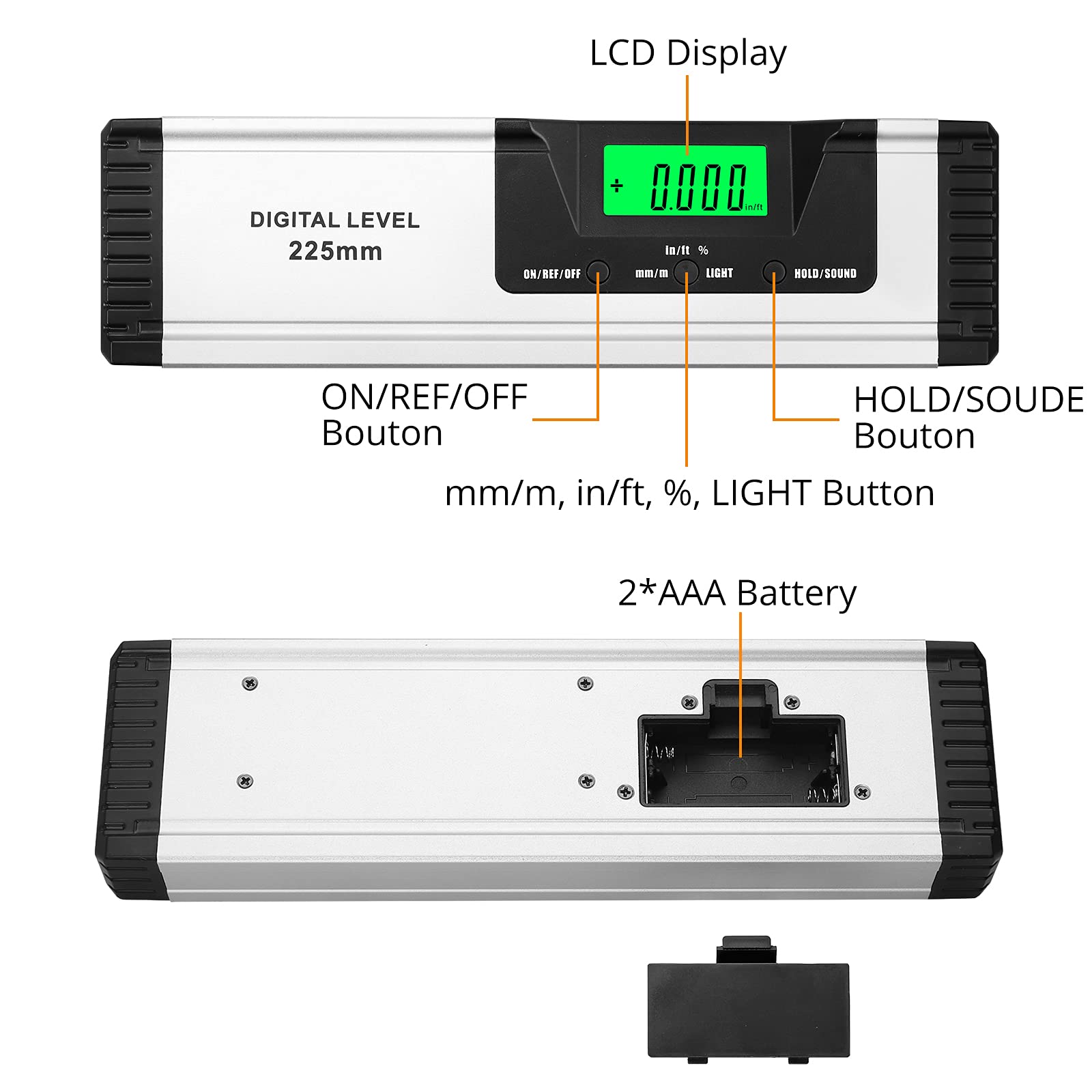 Neoteck Wasserwaage Digitaler LCD Wasserwaage Magnetisch 225mm Aluminium Winkelmesser mit LCD-Display, Audioanzeige, 4 Einstellmodi Neigungsmesser