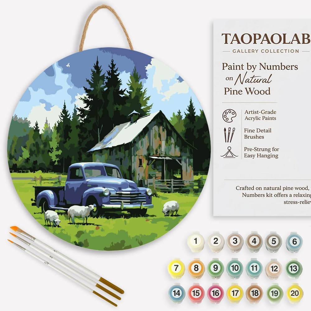 Farm with Blue Truck Paint by Numbers Kit for Adults on Wood Board – DIY Old Truck and Sheep by Barn Wood Craft Painting Kit, 12 in Round, Acrylic Paint Set, Beginner-Friendly,Relaxing Home Decor Gift
