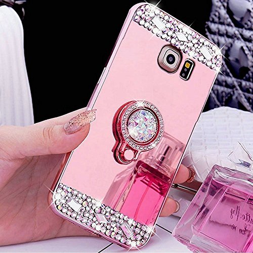 COTDINFOR Samsung Galaxy A10 Hülle Spiegel Make-up Diamond Handyhülle für Mädchen Bling stoßfest Ring Schnalle Kickstand TPU Schutzhülle Etui für Samsung Galaxy A10 Ring Mirror Rose Gold Cover