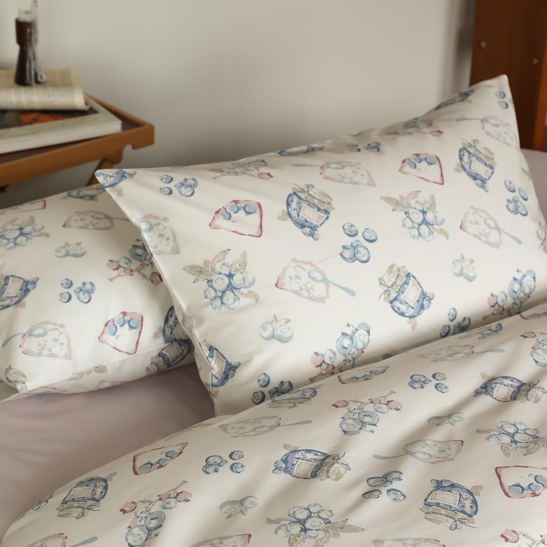 LIWHENHAO Blueberry Duvet Cover Set Queen 100% Cotton Bedding Blue Cherry Jam Purple Fruit on White 1 Cute Kawaii Floral Comforter Cover Full Zipper Closure 2 Pillowcases for Kids Girls Boys Woman