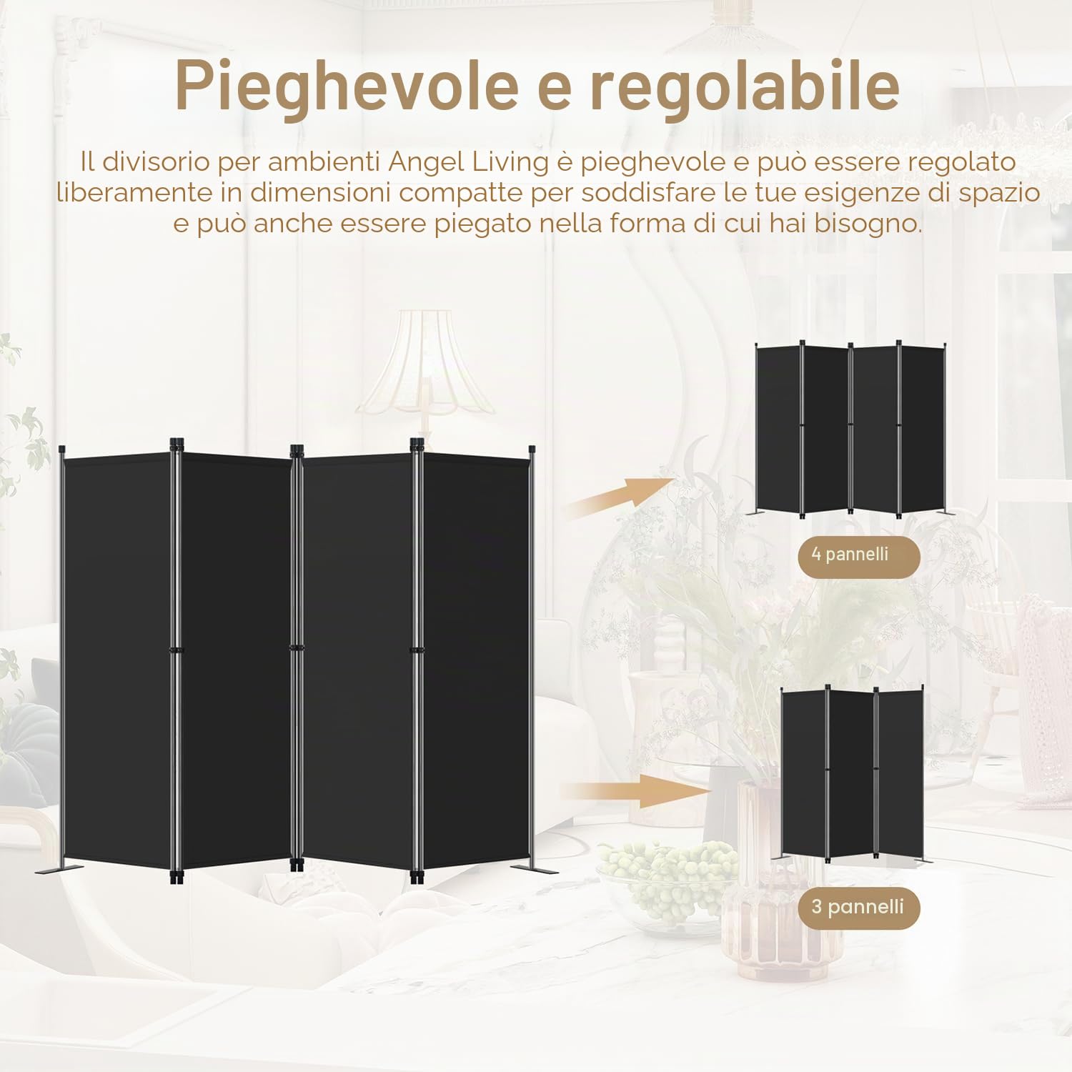 Angel Living Paravento Pieghevole di Design Intelligente, Divisori per Ambienti/Ambienti, Areti Divisorie, Divisori per Privacy (3 Pezzi 169x165 cm, Nero)