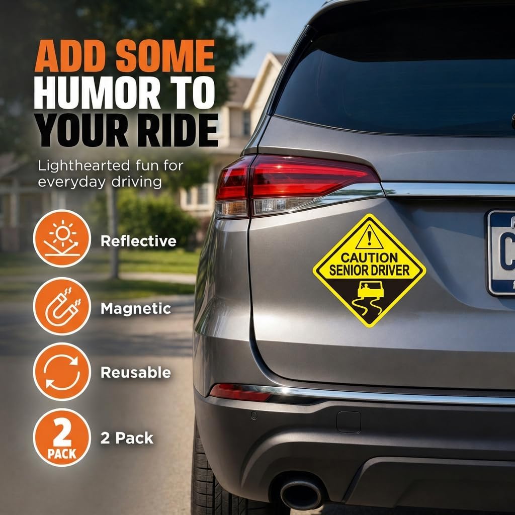2 Pack Funny Senior Driver Car Magnet Signs, 7 Inch Reflective Bumper Warning Magnet Stickers, Reusable Elderly Driver Car Accessories, Light Humor Gag Gift for Older, New Drivers or Student Drivers image 5