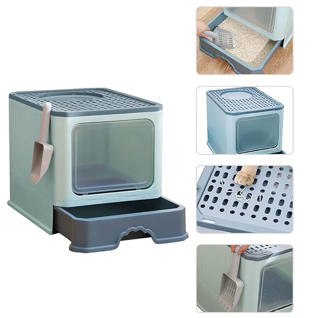 Foto 6 de 8 de OHMG Caja de arena para gatos, con tapa, con pala incluida, bandeja extraíble, 2 aberturas
