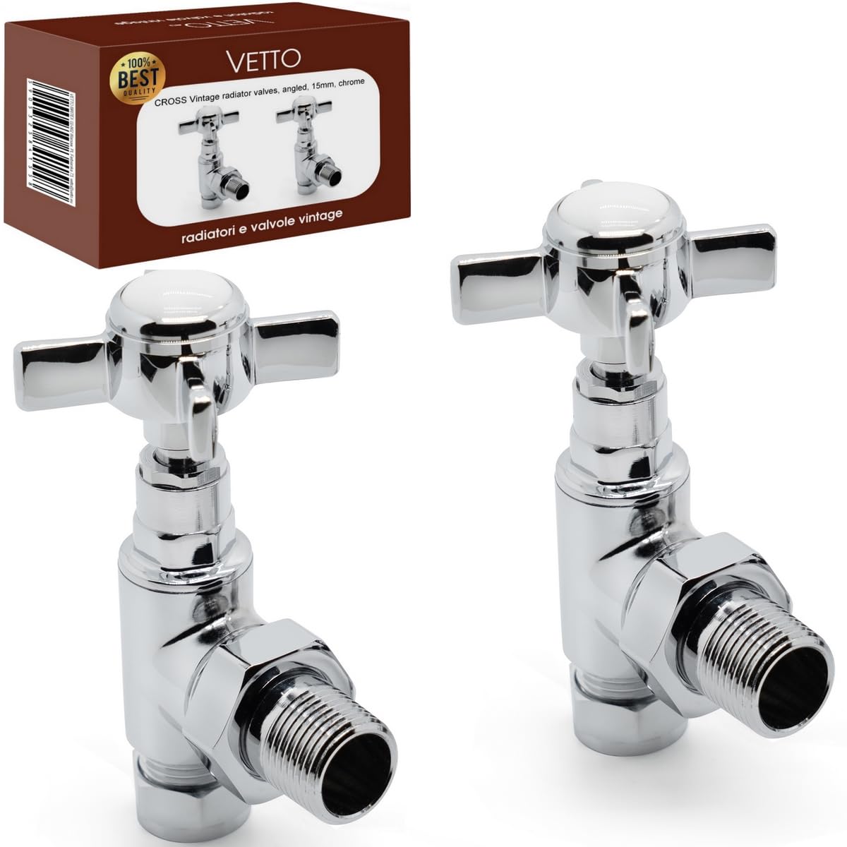 VETTO VT621-M CROSS BT Zawór Kątowy Retro, Chrom, Białe Elementy Porcelanowe, 2szt. Zawór Grzejnikowy 1/2" do Rur Miedzianych 15 mm.