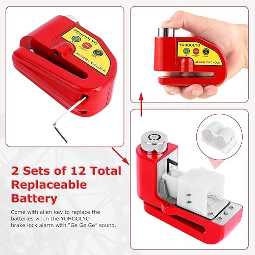 Miniatura 5 de YOHOOLYO Candado de Disco con Alarma para Motocicleta con Bloqueo de Freno de Disco Antirrobo Resistente al Agua de 110 dB con Pasador de 7mm y Rojo