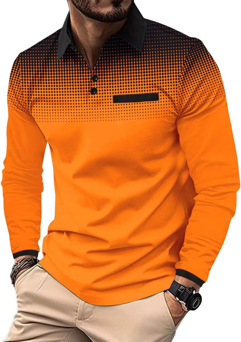 Men's Polo Shirts Long Sleeve 2025 Casual Polo T-Shirts Color Block Slim Fit Golf Polo Shirt with Pocket