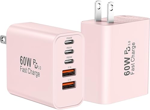 Miniatura 12 de Bloque de cargador de pared rápido USB C, paquete de 2 cubos de carga USBC de 60 W, adaptador de corriente PD+QC de 5 puertos ladrillo multipuerto