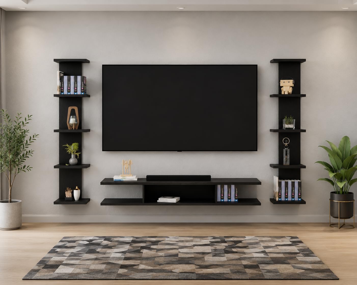 Floating TV Unit with Side Shelves, Wall Mounted, Black | Wall-Mounted Design, Open Storage Shelf, Living Room Decor, Vertical Side Towers, Modern Finish-image-48